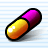 Pixelated capsule-shaped icon with purple and orange halves, black outline, white highlight on orange section, set against light blue striped background.
