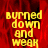 Yellow pixelated text 'burned down and weak' on a red textured background with visible motion blur in one frame.
