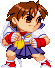Pixel art character with brown hair and white headband in fighting stance, wearing red and white sleeves, yellow chest emblem, purple skirt, red shoes, and white wing-like back accessory.