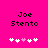 Pixelated text "Joe Stento" on bright pink background with five white and one light pink heart symbols below.