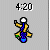 Pixelated character in yellow jacket and blue pants performs sequential actions against gray background with time stamps.