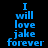 Blue pixelated text "I will love jake forever" arranged vertically on four distinct background colors: black, gray, white, and dark gray.