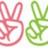 Two pixelated bunny ear icons side-by-side, one pink and one green, each with a white interior shape resembling a hand gesture.