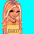 Pixel art character with long blonde hair, green eyes, and a Gucci-branded top against cyan background.