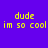 Yellow pixelated text 'dude im so cool' on a purple background with two circular light effects.