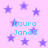 Pixelated light purple background with scattered purple stars and repeated cyan text 'Laura JaneB' in four locations.