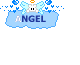 Pixelated angel icon with blue wings, halo, and floating particles above a cloud-shaped 'ANGEL' text block on gray background.