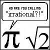 identical showing a speech bubble with text above mathematical symbols π and √2, where the text color changes from black to blue