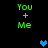Green text 'You + Me' appears in four positions on a black background with blue pixelated hearts moving between them.
