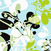 Pixelated illustration of a figure in white and black clothing holding a long object, surrounded by green foliage and light blue background with white cloud shapes.
