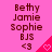 A static image with a bright pink background displays three identical vertical of text and symbols, each containing 'Betty', 'Jamie', 'Sophie', 'BJS', '<3', and a red heart symbol