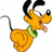 Pixelated cartoon dog with yellow fur, black ears, green collar, and pink tongue, positioned on white background with orange containing text and hearts