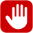 Red square icon with rounded corners containing a white hand symbol showing five fingers and a thumb in a stop gesture.