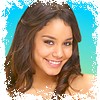 A static portrait of a person with shoulder-length brown hair, smiling, against a blue and white pixelated background.
