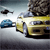 Pixelated image of a yellow car with blue accents on a light background, featuring a smaller blue vehicle and dark shapes in the distance.