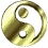Golden yin-yang symbol with metallic sheen displayed in multiple orientations across a of views