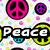 Pixelated icon with four quadrants: top-left shows pink peace sign on polka dots, top-right has star on dark background, bottom-left displays purple heart with 'Love' text, bottom-right is empty.