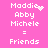 Pixelated text on pink background shows names Maddie, Abby, Michele with heart and sparkle effects transitioning between static and animated states.