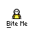 Pixel art animation of a yellow-shirted figure inside a red-and-white toothed mouth, with text "Bite Me" below each frame.