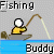 Pixelated animation shows a figure fishing from a boat, with text labels and fish appearing on screen.