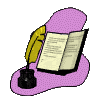 A static image of an open book with a quill pen and inkwell on a purple background.