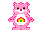 A 5x5 contact sheet of pixel art frames showing a pink Care Bear with rainbow belly badge, each frame displaying different text below the bear.