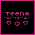 Pixelated pink text 'Teena' above dotted line with three hanging shapes on black background, two heart-shaped and one diamond-shaped.