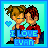 Pixel art contact sheet showing two frames of an animated buddy icon with two cartoon characters and text "I LOVE EVAN" on a light blue background.