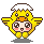 Four pixel art frames of a yellow chick mascot with white snow cap, orange beak, and pink cheeks in various poses on gray background.