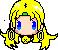Pixel art character with yellow hair, blue eyes, and a green headband in four sequential expressions: neutral, smiling, winking, and closed-eye smile.