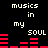 Pixelated text 'musics in my soul' repeated with red audio equalizer bars on black background, animated equalizer bars change height across frames.