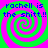 Four identical display a green and pink spiral background with blue text reading "rachell is the shitt!!" in each quadrant