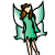 Pixelated figure with brown hair, green dress, and translucent wings in a standing pose against white background.