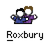 Six identical pixel art frames of two cartoon figures in blue and purple outfits with brown hair, each labeled "Roxbury" below.