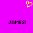 A bright pink background features a yellow pixelated heart symbol above two identical black text lines reading "JAMES!" in all caps.