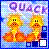 Pixelated image of two yellow cartoon birds with orange beaks and feet, standing side-by-side under purple text reading "QUACK" on a light blue background.