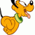 Pixelated yellow cartoon dog with black ears and tail, green collar, pink tongue out, running pose on white background.