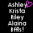 Pixelated text list with a pink heart symbol above 'Ashley' on the left side of a black background.