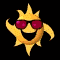 Animated sun-shaped icon with red sunglasses, yellow body, and black background showing sequential pose changes.