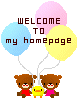 Pixel art contact sheet showing two animated frames of a buddy icon with teddy bears, a duckling, and balloons displaying "WELCOME TO my homepage" text.