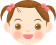 Pixelated cartoon face with brown pigtails tied by pink bows, light skin, large brown eyes, and rosy cheeks; left view shows open mouth smile, right view shows closed mouth expression.
