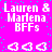 Pixelated pink background with cyan dots, white text reading "Lauren & Marlena BFFs," and two of three heart icons each. The hearts alternate between solid and outlined states across frames
