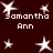 Dark red background with white star shapes and pixelated text reading "Samantha" and "Ann" in multiple positions.