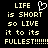 Pixelated text reads 'LIFE is SHORT so LIVE it to its FULLEST!!!!!!!' with a heart symbol replacing the 'O' in 'LIVE', displayed on black background.