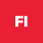 Red square background with white "FI" letters in pixelated font, each letter having a light red outline.