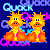 Two pixelated yellow-orange duck-like creatures with orange beaks and black eyes stand side-by-side against a dark blue background, surrounded by stylized 'Quack' text in light blue and purple.