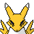 Pixelated yellow creature with pointed ears and blue eyes, shown in two side-by-side poses against gray background.