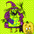 Animated 50x50 pixel buddy icon featuring a green-skinned witch with purple hat and dress, holding a yellow pumpkin lantern against bright green checkered background.