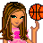 Pixel art contact sheet showing a female character in pink sportswear holding a basketball, with separate frames of her torso and shoes.