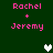 Green background with pink text 'Rachel + Jeremy' and pixelated hearts in white, light gray, and dark gray.